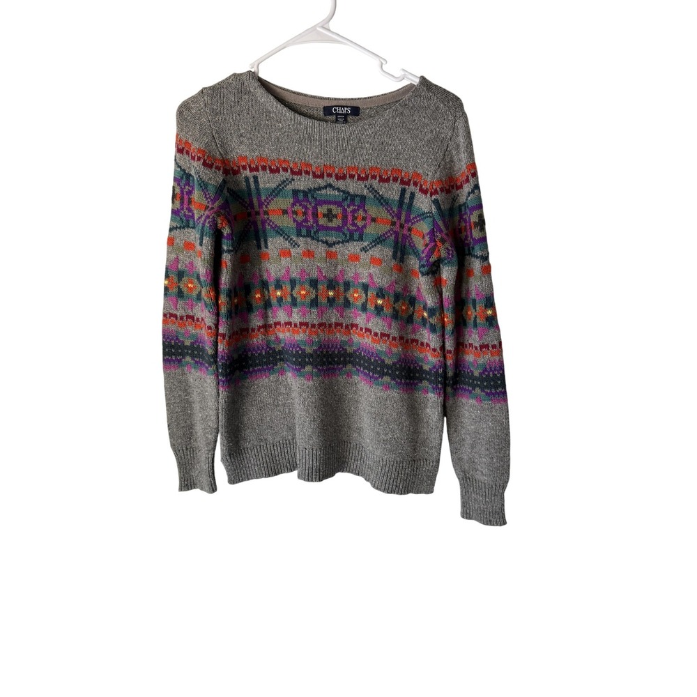 Chaps Sweater Womens Small Fair Isle Pullover Crewneck Cotton Blend Colorful